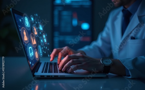 Man using laptop and AI chat bot for creative services. A technology expert developing userfriendly software by understanding the requirements of the endusers
