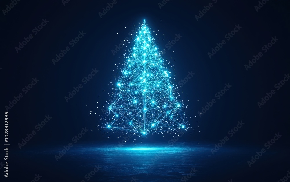 A bright blue neon Christmas tree glowing against a dark background, showcasing a futuristic holiday aesthetic