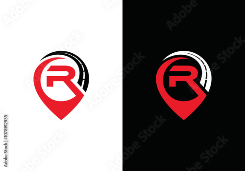 road map logo design template, vector illustration of location point icon and route map with initial letter R for road