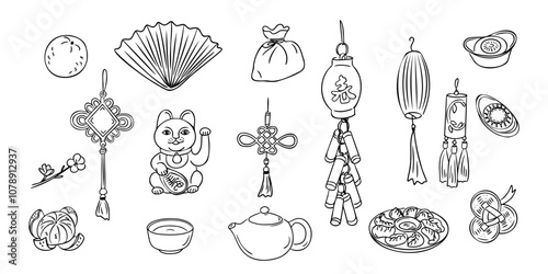 Chinese Lunar New Year set with traditional items. Monochrome vector contour doodle stickers with dumpling, cat, and Chinees lanterns isolated on white background. Sketchy drawing for Asian holiday.