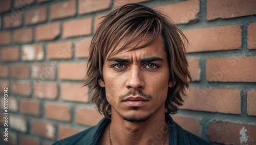 Young Man with Determined Eyes Posing Against a Brick Wall, Emphasizing Strength and Resilience in Urban Environment, Capturing Emotion and Grit