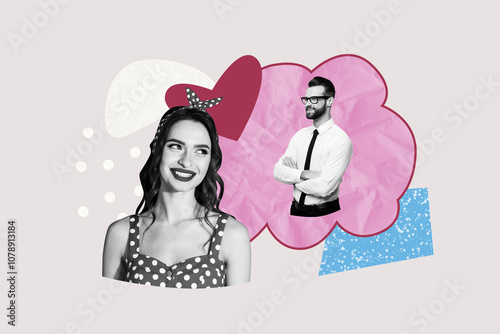 Composite trend artwork sketch image photo collage of couple love heart valentine day young lady pinup style dream handsome guy date photo