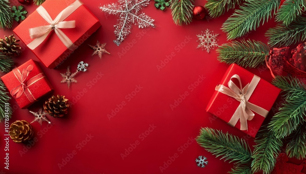 Christmas tree and red gift box on red background. Christmas tree and red gift box on red background.