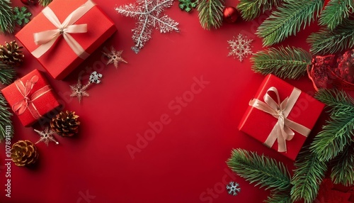 Christmas tree and red gift box on red background.