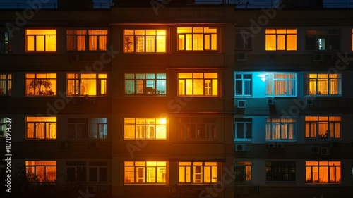 Windows illuminating apartments at night showing that people are home relaxing