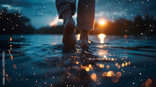 Jesus’ footsteps softly rippling across a darkened water surface, under a star-speckled twilight sky, close-up view, each step subtly illuminated, quiet sense of the miraculous  