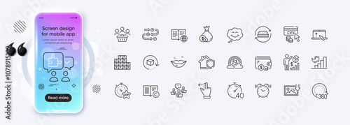 Touchscreen gesture, Lips and Smile line icons for web app. Phone mockup gradient screen. Pack of Buyers, Lgbt, Download photo pictogram icons. Home insurance, Copyright, Cash signs. Vector
