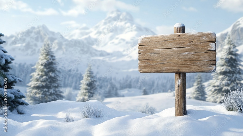 Fototapeta premium Scenic Winter Landscape Featuring a Blank Wooden Sign in a Snowy Field Surrounded by Evergreen Trees and Majestic Mountains in the Background