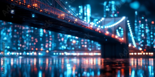 A stunning view of a illuminated bridge at night. The city skyline reflects off the water. The scene captures vibrant colors and lights. Perfect for urban and travel themes. AI