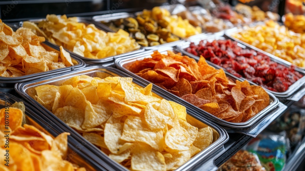 Fototapeta premium Assortment of Crispy Potato Chips in a Food Market