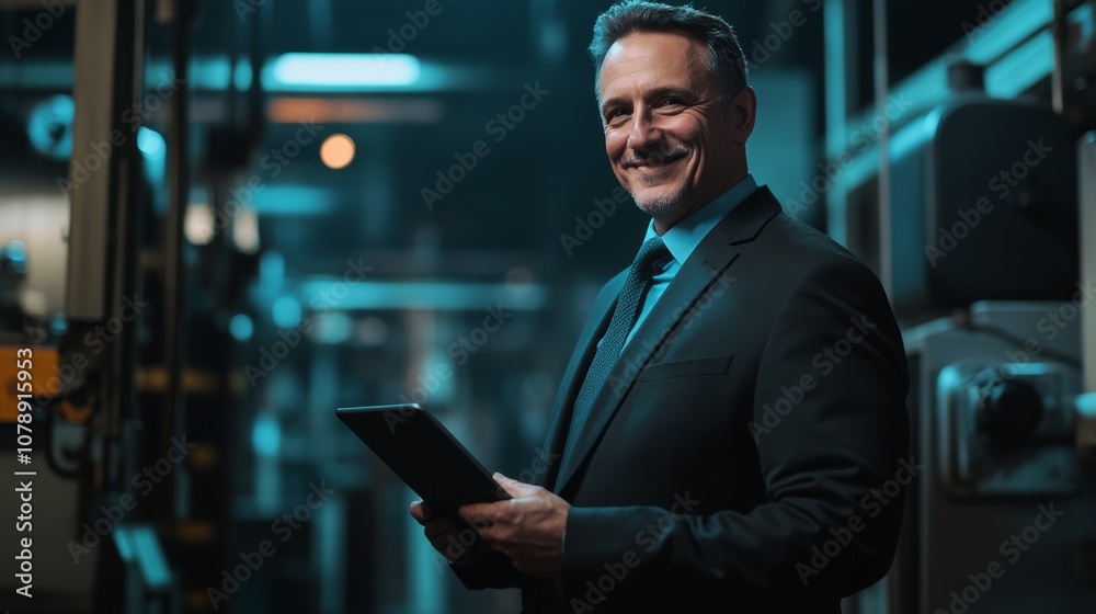 Middle-aged business man holding a tablet in his hand and standing at the production line of a factory. Middle-aged business man holding a tablet in his hand and standing at the production line of a factory.