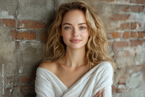 A lightweight shawl wrapped around a model, standing against an old brick wall, soft studio lighting, mockup for design