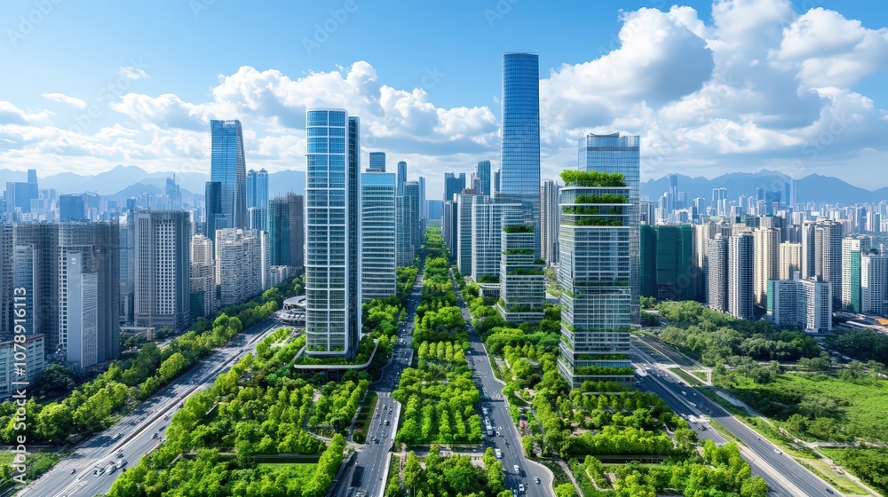 Obraz premium Modern Urban Landscape Showcasing Sustainable Architecture and Green Spaces with City Skyline, Emphasizing Environmental Awareness and Carbon Reduction Efforts