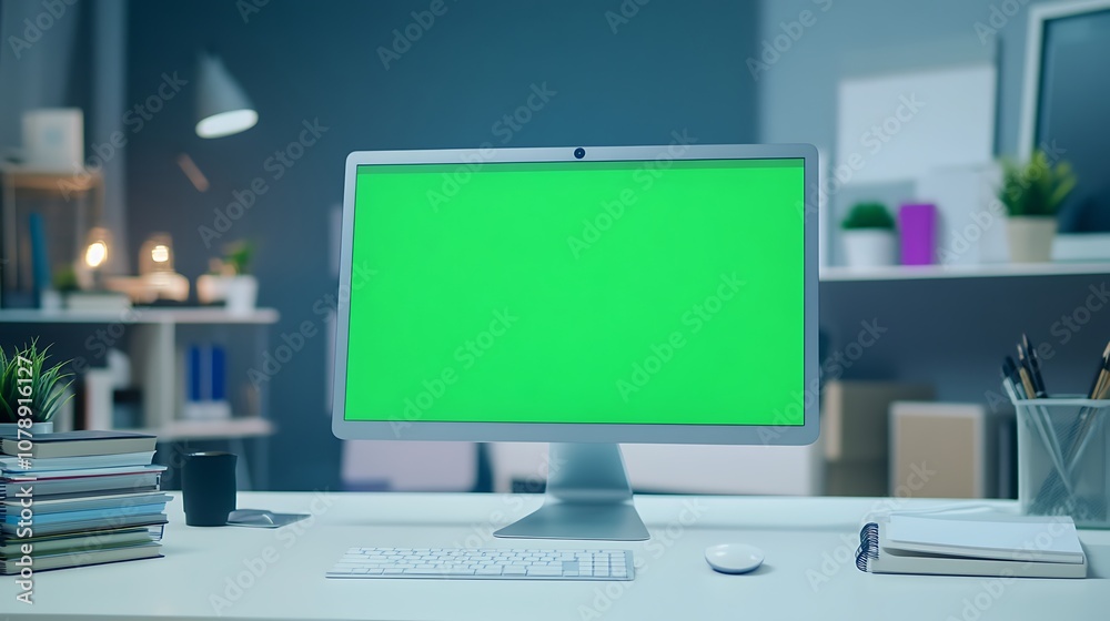 Desktop computer with green screen on a white desk with stack of notebooks Desktop computer with green screen on a white desk with stack of notebooks