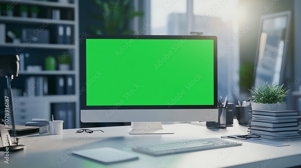 Desktop computer with green screen on a white desk with stack of notebooks Desktop computer with green screen on a white desk with stack of notebooks