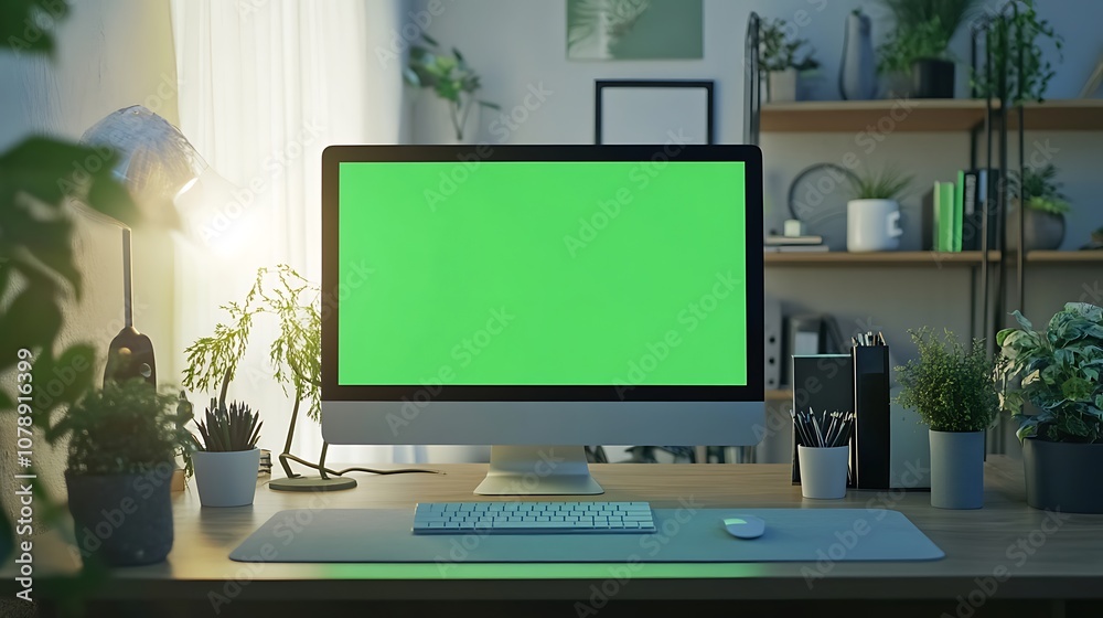 Green screen computer in a minimalist home office with shelves and plants Green screen computer in a minimalist home office with shelves and plants