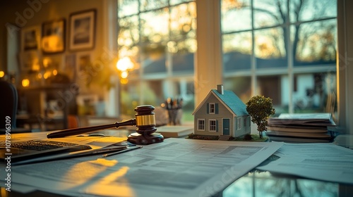 Gavel and model home on a desk with papers, symbolizing real estate and legal proceedings.