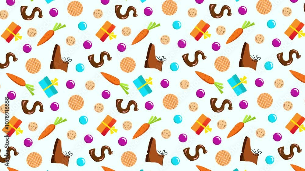 Sinterklaas, symbols of St. Nicholas Day, carrot, shoe, gift. Simple looping animation, rotating background.