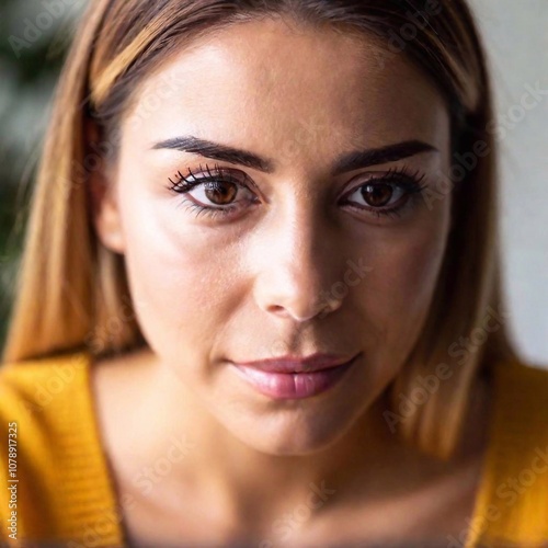 A close-up photo of a caucasian female adult's face, with deep focus capturing her intense concentration as she looks at a computer screen, eye level shot highlighting her focused expression photo