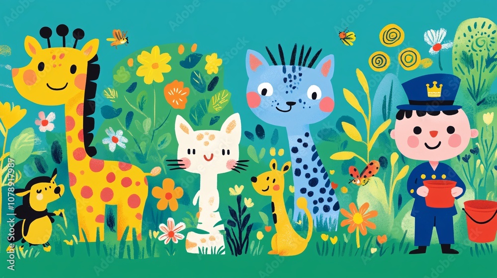 Cute Animals In A Green Meadow Illustration Cute Animals In A Green Meadow Illustration