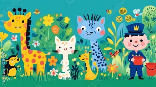 Cute Animals In A Green Meadow Illustration