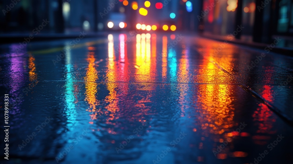 Obraz premium Vibrant reflections on a wet street at night.