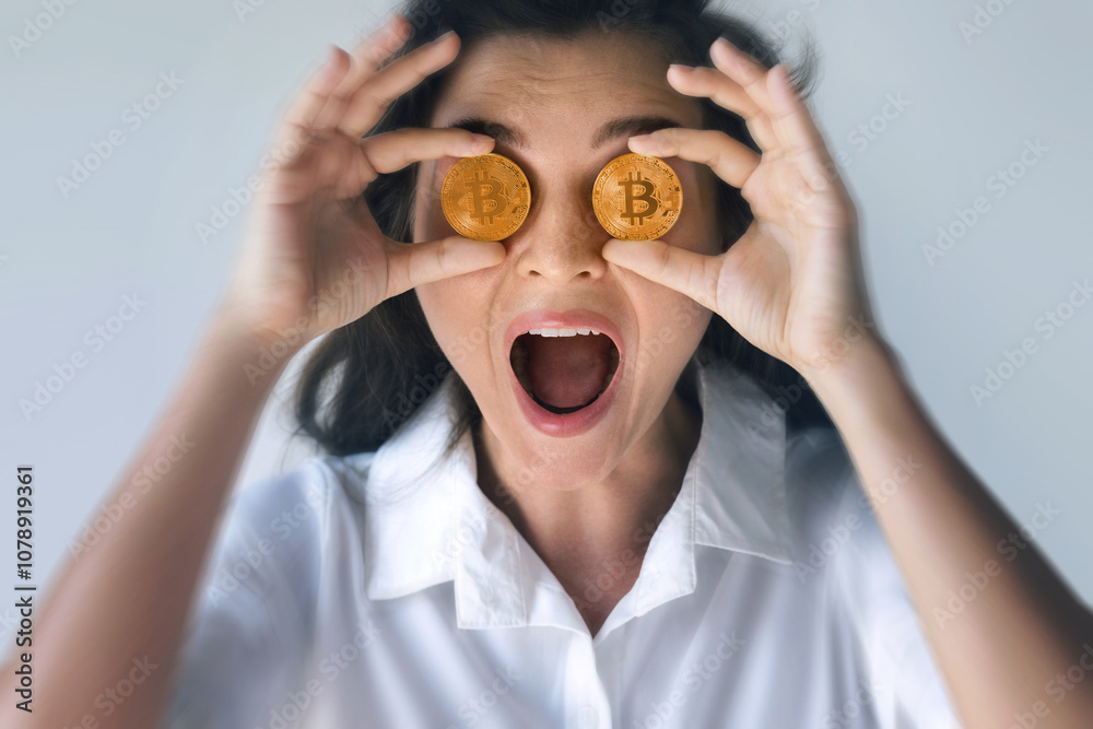 Surprised Woman with Bitcoin Coins Over Eye, Symbolizing Cryptocurrency Focus Surprised Woman with Bitcoin Coins Over Eye, Symbolizing Cryptocurrency Focus