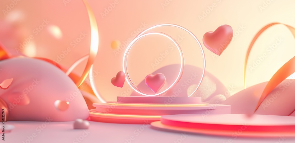 A circular podium with layered steps, heart and ribbon motifs, set against a soft pink background with gradient effects. The elegant and romantic copy space, Valentine’s Day love product advertising A circular podium with layered steps, heart and ribbon motifs, set against a soft pink background with gradient effects. The elegant and romantic copy space, Valentine’s Day love product advertising
