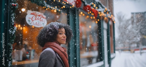 Fototapeta Naklejka Na Ścianę i Meble -  A black woman walks past a small cafe on a winter city street with a festive entrance, exterior with Christmas and new year decorations. The snowfall, the cozy welcoming atmosphere.