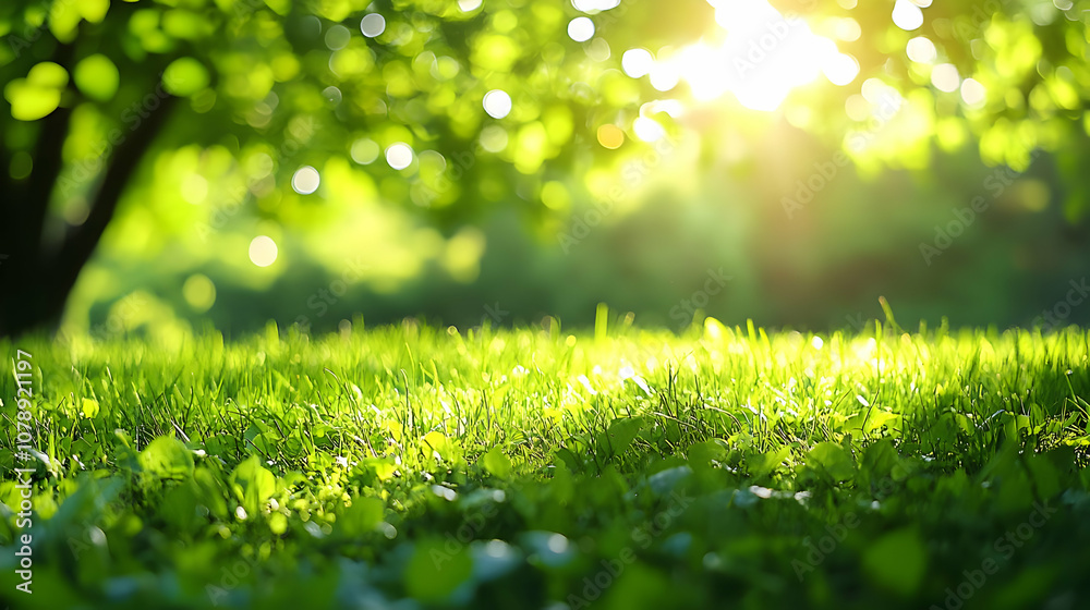 A Vibrant Green Grass Field with a Blurry Background of Trees and Sunbeams A Vibrant Green Grass Field with a Blurry Background of Trees and Sunbeams