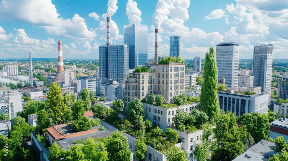 Obraz premium Urban Landscape with Green Architecture and Smokestacks, Showcasing Carbon Capture Technologies in Renewable Energy Development