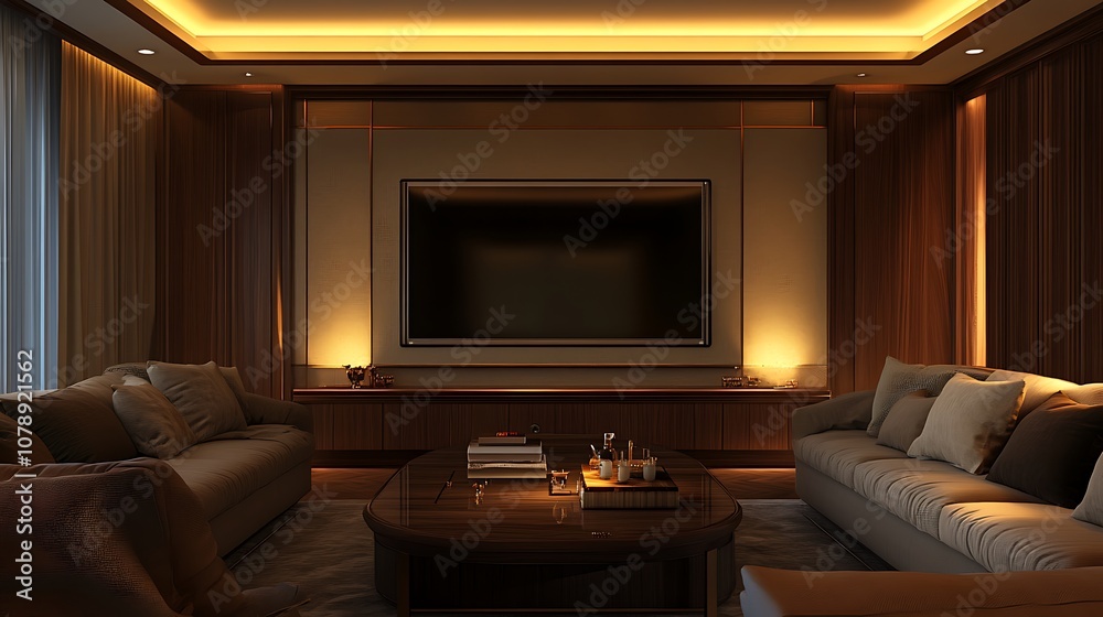 Wall-mounted television mockup in a relaxing lounge area with soft pillows and warm lighting Wall-mounted television mockup in a relaxing lounge area with soft pillows and warm lighting