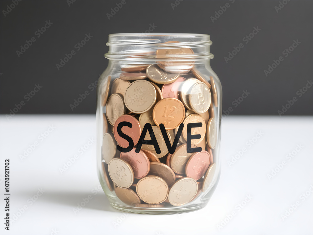 Coins in a glass bottle with a message about saving money concept Coins in a glass bottle with a message about saving money concept