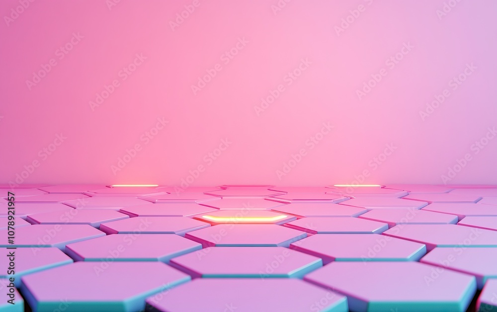 Fototapeta premium A vibrant digital scene featuring hexagonal tiles illuminated by soft pink lights, creating a modern and futuristic atmosphere.