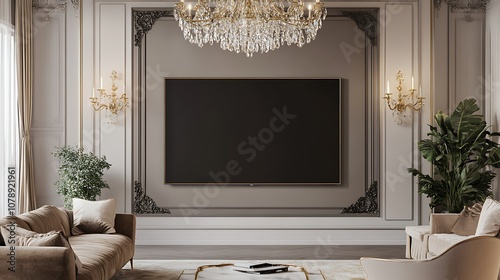 Blank screen television mockup in a luxurious living room with chandelier and elegant furniture