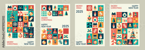 Set of minimalistic Christmas cards. Geometric elements. Fashionable modern design with flat abstract icons. Vector posters.