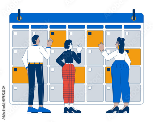 Work plan 2D illustration concept. Scheduling corporate events. Multiethnic business team checking dates in calendar cartoon characters isolated on white. Metaphor abstract flat vector graphic