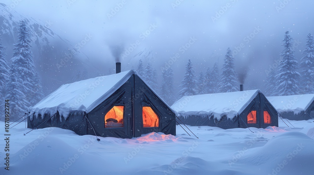 Snow-covered cabins glow warmly in a winter landscape, surrounded by tall trees and a thick blanket of snow under a misty sky. Snow-covered cabins glow warmly in a winter landscape, surrounded by tall trees and a thick blanket of snow under a misty sky.