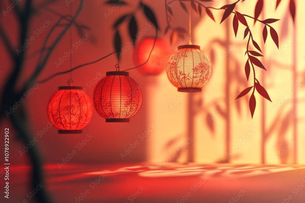 Obraz premium Warm red lanterns casting delicate shadows, symbolizing Asian heritage, celebration, and tranquility