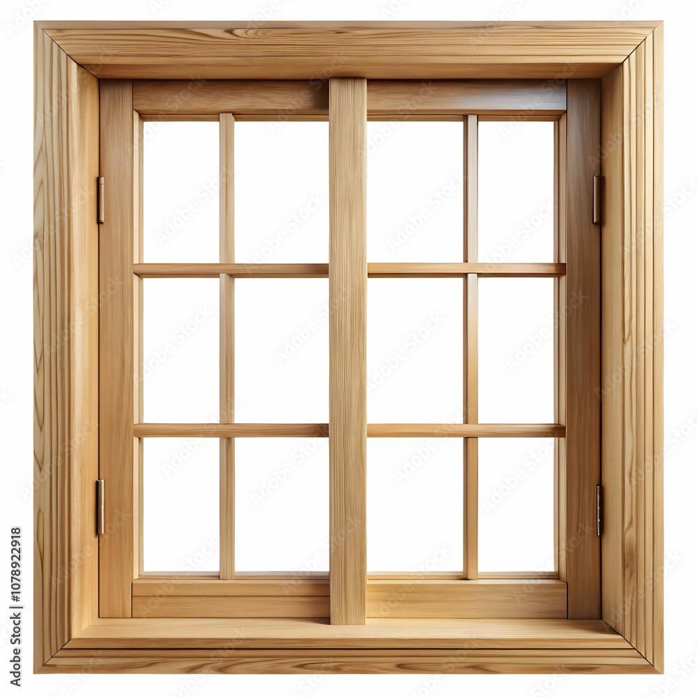 A wooden window design without glass showcases natural wood grain, framed against a crisp white background. A wooden window design without glass showcases natural wood grain, framed against a crisp white background.