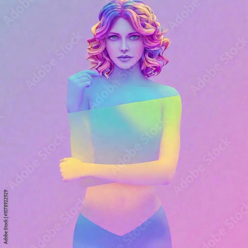 Holographic art Geometrism illustration, woman holding in hands clear white poster paper with no text photo