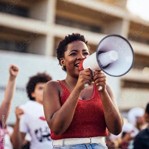 A close-up of a woman hand gripping a megaphone as she leads a chant during a protest, with other women rallying behind her, capturing the energy and urgency of the movement.