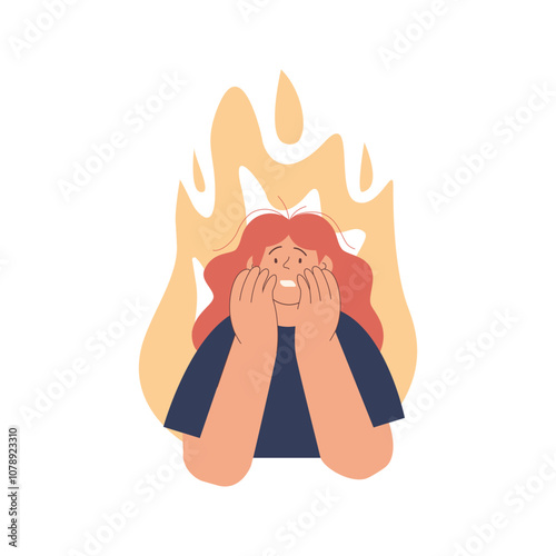 Professional burnout syndrome. Woman in stress under pressure, fire on the background. Mental disorder problems. Modern vector flat illustration