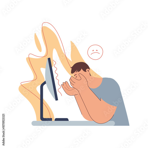 Professional burnout syndrome. Man in stress under pressure, unhappy emoji, office desk, fire on the background. Frustrated worker, mental disorder problems. Modern vector flat illustration