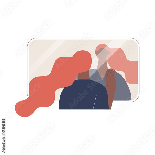 Imposter syndrome. Mental psychological disorder. Doubt, low self-esteem. Female doubtful in skills, talents looking in mirror. Modern vector illustration isolated on white background