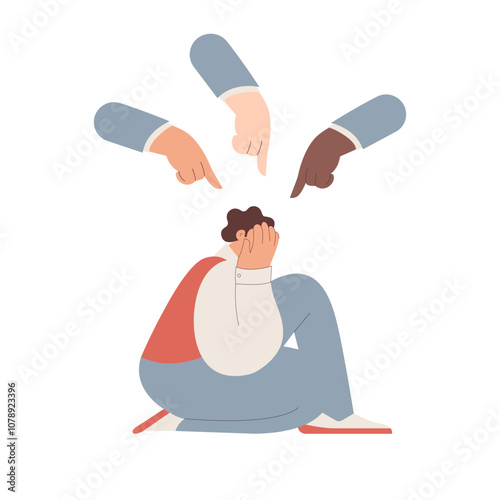 Fear of criticism, social opinion, bullying. The depressed man is surrounded by mocking gestures. Anxious about other people judging, evaluating, blaming. Modern flat vector illustration.