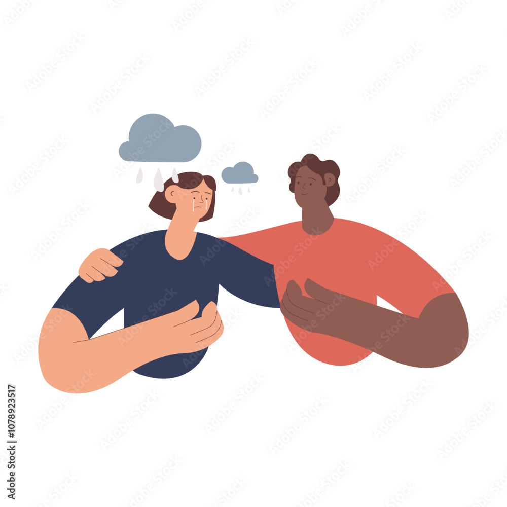 Empathy and friendship concept. Male comforting his female sad friend. Raining clouds. Man supports female with psychological problems. Modern vector flat illustration Empathy and friendship concept. Male comforting his female sad friend. Raining clouds. Man supports female with psychological problems. Modern vector flat illustration