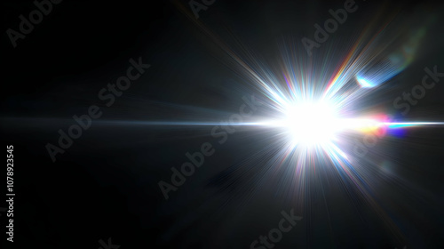 Bright White Light Explosion with Rainbow Flare and Lens Flare Effect on a Black Background