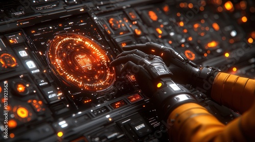 Gloved hands interact with a futuristic interface.