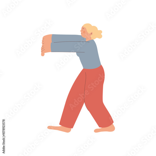 Young woman sleepwalking at night. Somnambulist walking in his dream with raised hands isolated on white background. Modern flat vector illustration